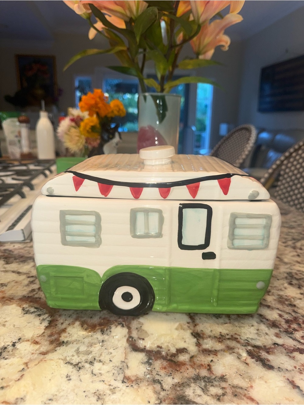 Cost Plus World Market Ceramic Camper Cookie Jar in White, Green, Black and Red